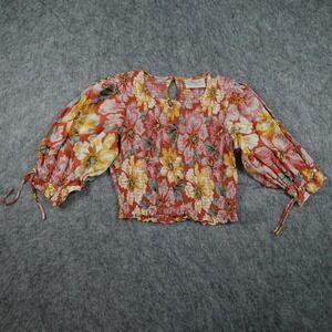 Auguste Top Womens 4 Orange Floral Smocked Rayon Balloon Sleeve Peasant